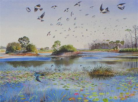 A Swarm Of Tree Swallows Swoops Across Savanna Wetlands Painting By