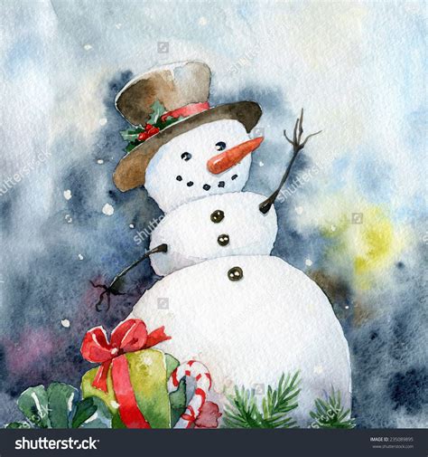 Bright Christmas Card Cheerful Snowman Watercolor Illustrations