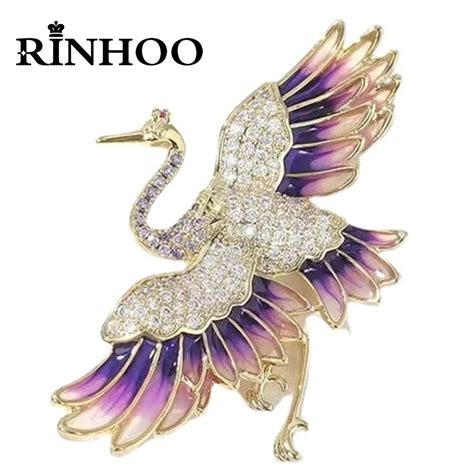 rinhoo full rhinestone crane brooches for women luxury crystal flying birds clothes lapel pins