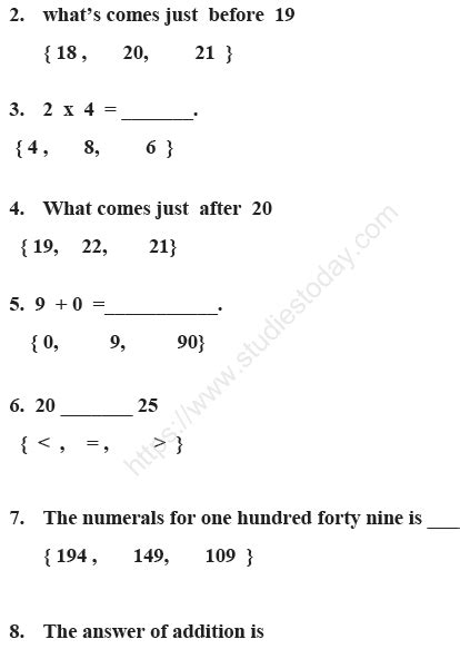 Cbse Class 1 Mathematics Sample Paper Set A