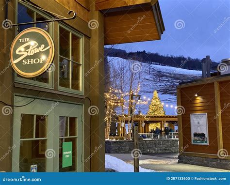 Stowe Shop Sign At Empty Mountain Resort Spruce Peak Village Editorial