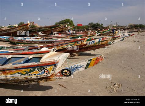 Senegal Dakar Soumbedioune Fishing Pirogues Boats On The Beach Stock