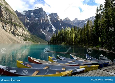 Boats On Moraine Lake Canada Stock Photo Image Of Moraine Maligne
