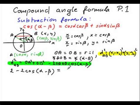 Formulas for cos(a + b), sin(a − b), and so on are important but hard to remember. How to derive a subtraction formula for cos(x-y ...