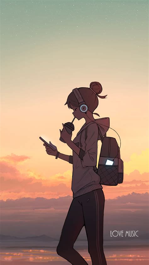 Wallpaper Anime Girls Headphones Sunset 1474x2625 N0k0ut