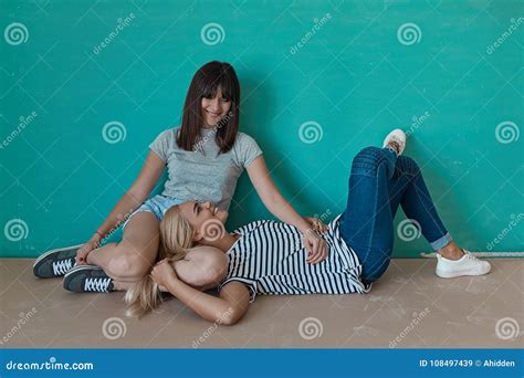 Two Cheerful Girls Enjoy Each Others Company Stock Image Image Of Caucasian Cheerful 108497439