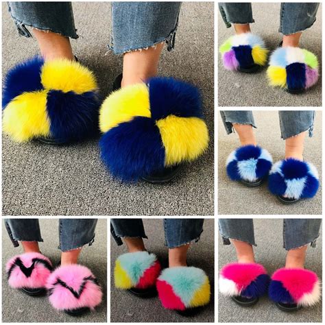 Multi Color Big Fur Slides Women S Fluffy Furry Slides