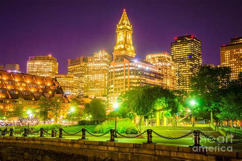 Boston Skyline At Night With Christopher Columbus Park