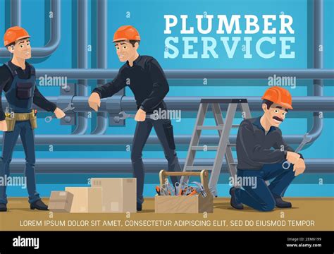 Heating Pipes Repair Plumbing Service Vector Poster Plumber Workers
