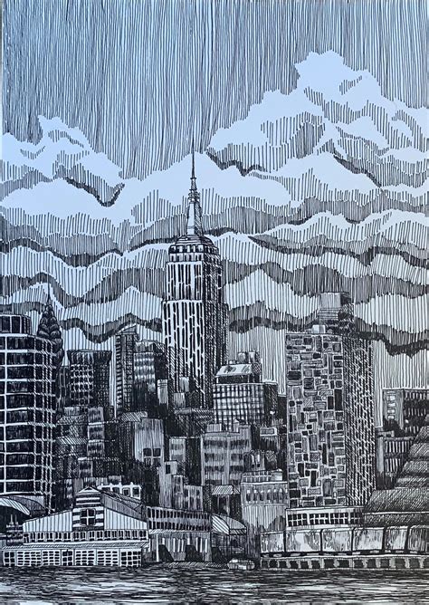 Nyc Skyline Pen Drawing City Architecture Print Empire Etsy