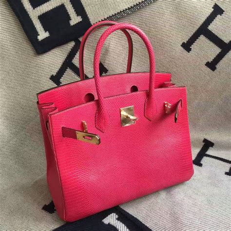 Womens Handbag Hermes Hot Pink Shiny Lizard Leather Birkin Bag 30cm