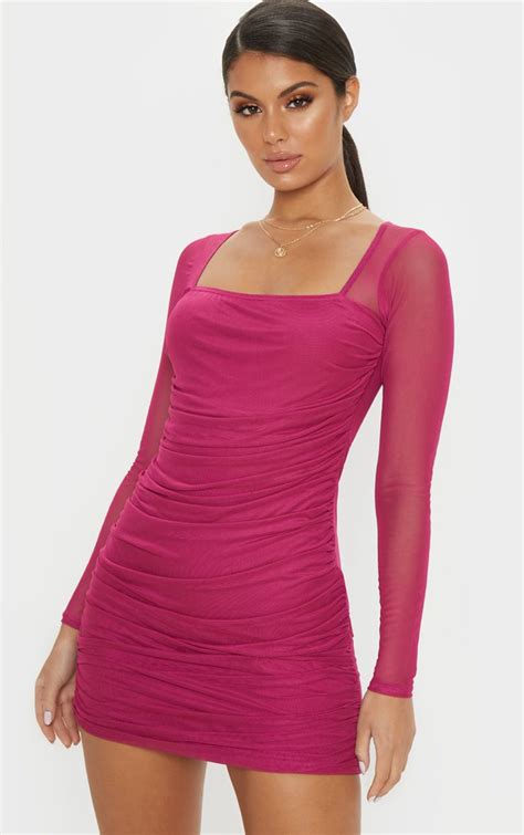 hot pink mesh square neck ruched bodycon dress ruched bodycon dress bodycon dress women