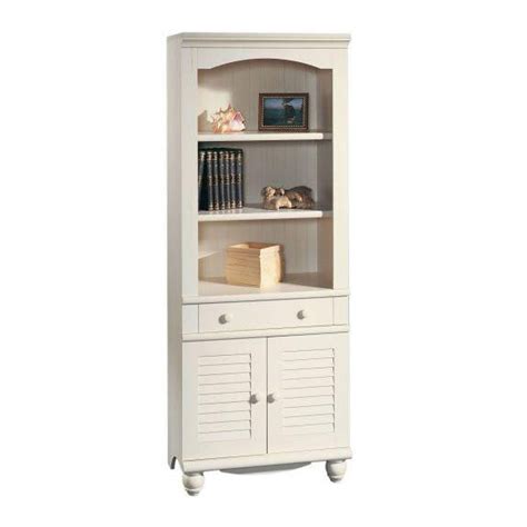 Sauder Harbor View Library Bookcase With Doors Antiqued White Hsz 1 S