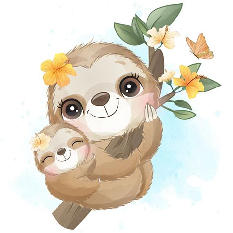 Cute Little Sloth With Watercolor Illustration 2063804 Vector Art At