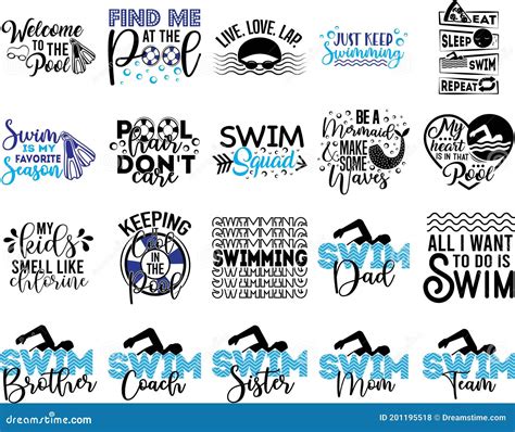 Collection Of Swimming Phrases Slogans Or Quotes Stock Vector