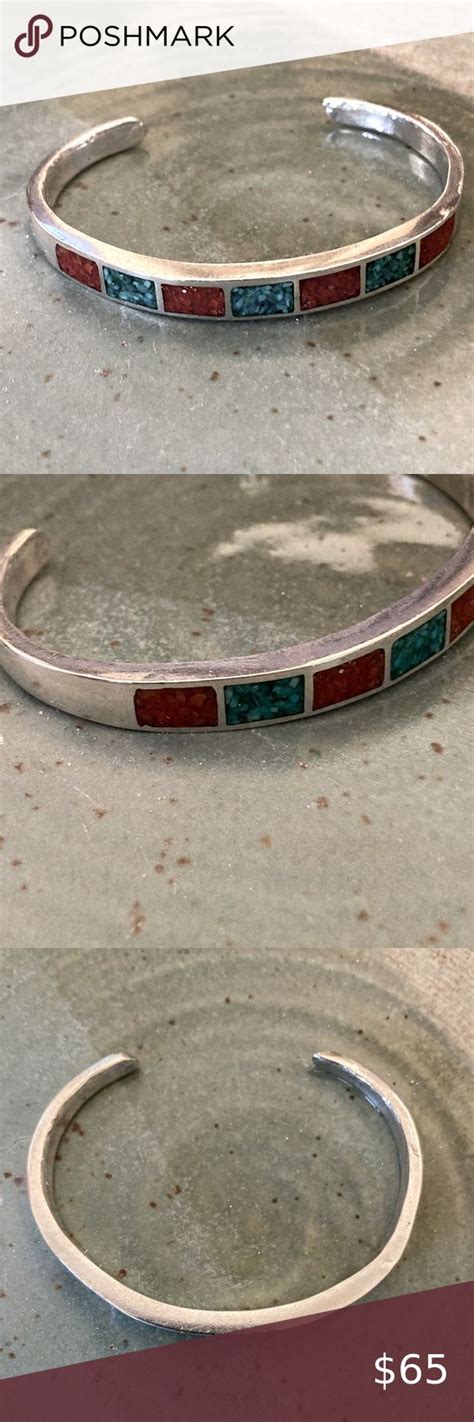 Turquoise Crushed Coral Inlay Native American Antique Sterling Cuff In