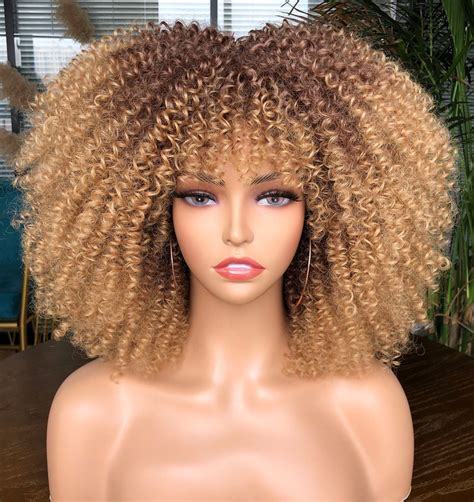Short Curly Wig With Bnags For Black Women Ombre Blonde Kinky Etsy