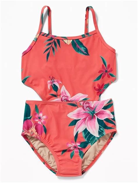 Old Navy Girls Side Cutout Swimsuits Coral Floral Size L Swimsuits