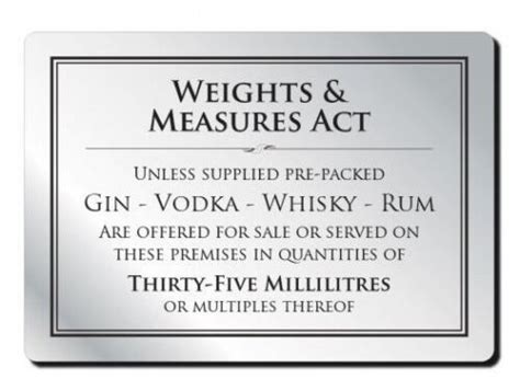 35ml Weights And Measures Act Alcohol Law Sign Pub Bar Restaurant