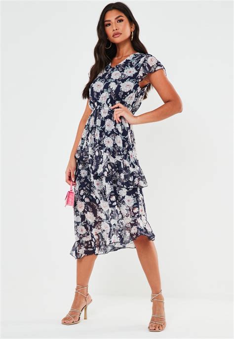 Navy Floral V Neck Ruffle Midi Dress Missguided