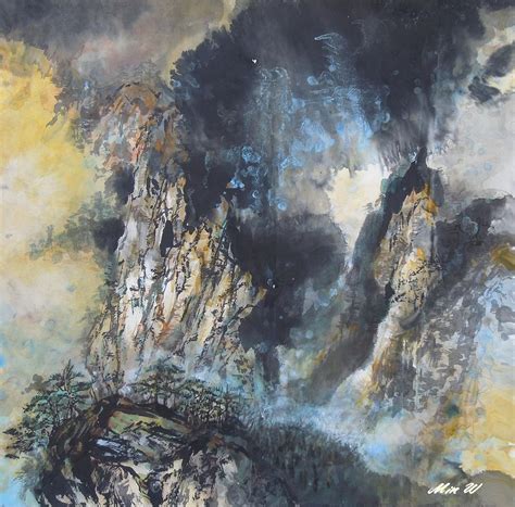 Mountain Cliff Painting By Min Wang
