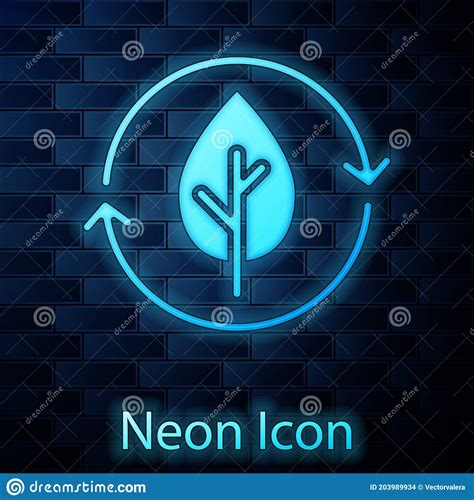 Glowing Neon Recycle Symbol And Leaf Icon Isolated On Brick Wall