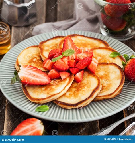 Homemade Delicious Pancakes Served With Fresh Strawberries And H Stock