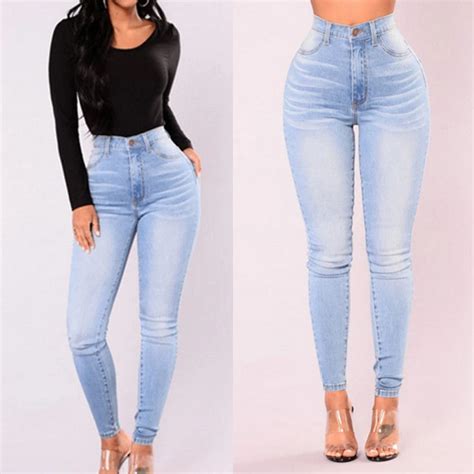helisopus women new light blue stretch jeans fashion high waist skinny pencil pants casual
