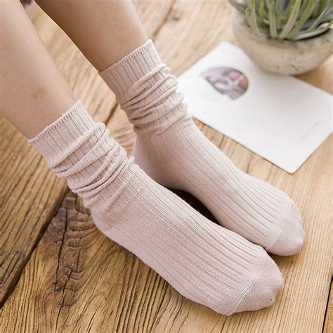1pair Women Fashion Loose Solid High Socks Colors Double Needles Knitting Breathable Soft Cotton