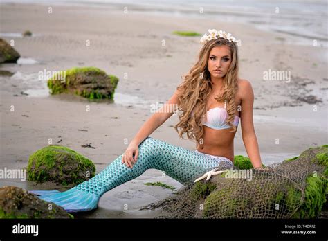 Beautiful Mermaid On Rocky Beach Stock Photo Alamy