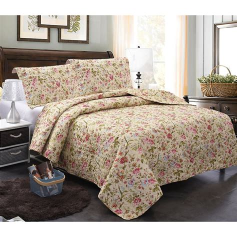 Elegant Beige Flowers 3 Piece Quilt Bedding Set Fullqueen Sizebedspread Lightweight