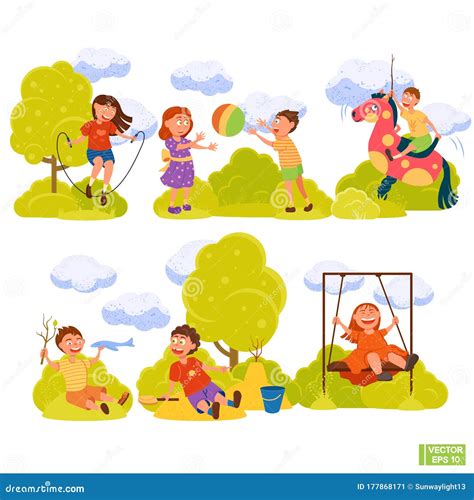 Set Of Little Kids Having Fun Playing Outside Stock Vector