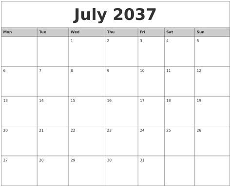 July 2037 Monthly Calendar Printable