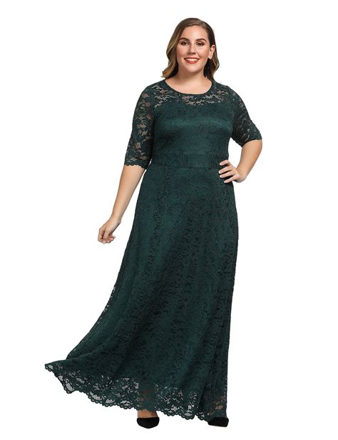 Chicwe Womens Plus Size Stretch Lined Floral Lace Maxi Dress With 34 Sleeves Evening Wedding