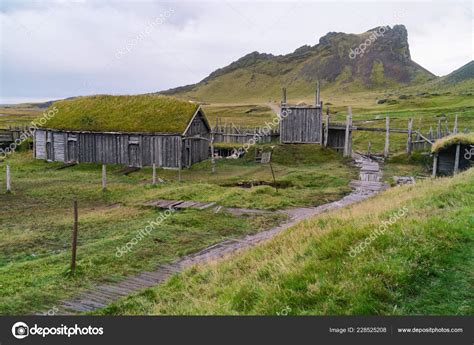 Traditional Antique Viking Village Old Wooden Houses Vestrahorn