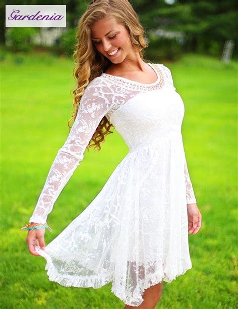 Modest A Line Long Sleeve White Short Homecoming Sresses Lace Party