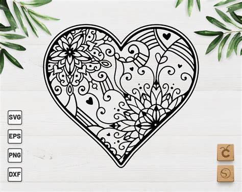 Heart Mandala Svg Boho Bohemian Png Love Clipart Zentangle Etsy