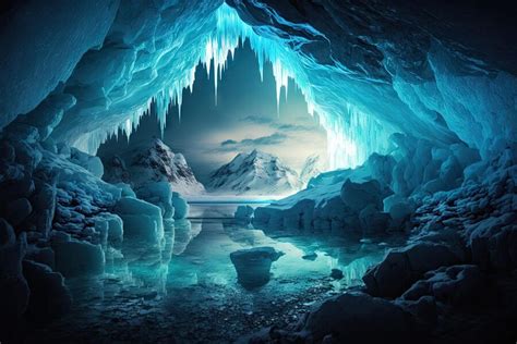 Premium Photo A Frozen Lake In A Vast Cavern With Icicles Hanging