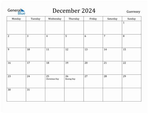 December 2024 Guernsey Monthly Calendar With Holidays