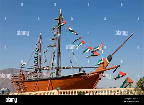 Historic Dhow Ship At The Corniche In Khorfakkan United Arab Emirates