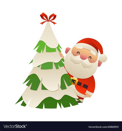 Cute Cartoon Santa Claus Behind Christmas Tree Vector Isolated