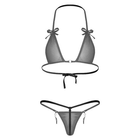 Women Micro G String Bikini Set Bra Thong Lace Up Lingerie Underwear