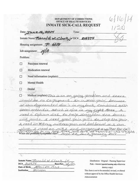 Ask for the fair work infoline 13 13 94 speak. Between the Bars : Sick Call Request Form — Ronald W. Clark, Jr