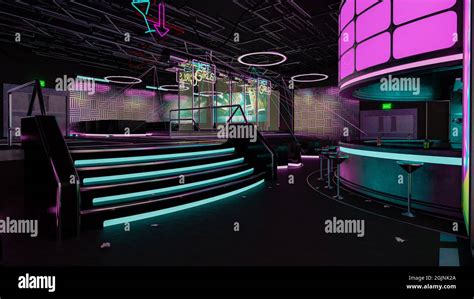 Futuristic Cyberpunk Night Club Interior With Bar And Neon Lights 3d