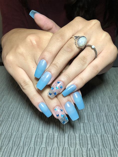 Blue Acrylic Nails Coffin With Butterfly