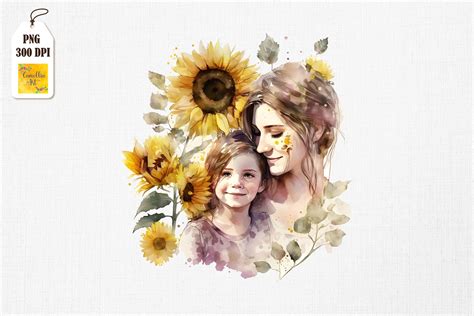 Mother And Daughter With Sunflowers 15 Graphic By Camellia Art · Creative