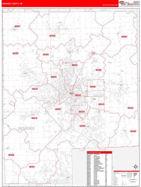 Genesee County Mi Zip Code Wall Map Red Line Style By Marketmaps