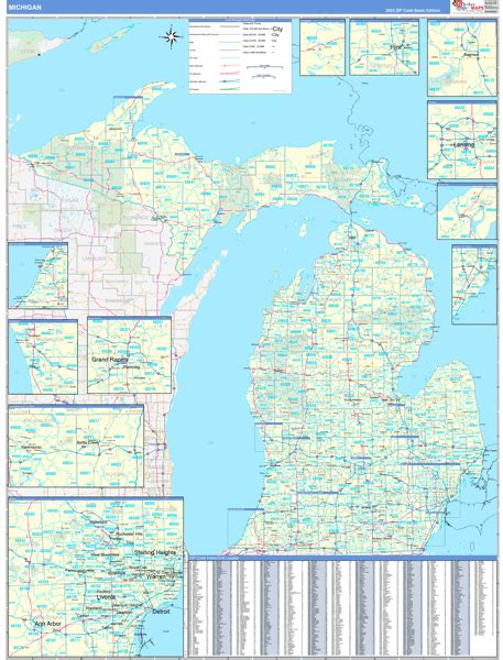 Michigan Zip Code Wall Map Basic Style By Marketmaps Mapsales