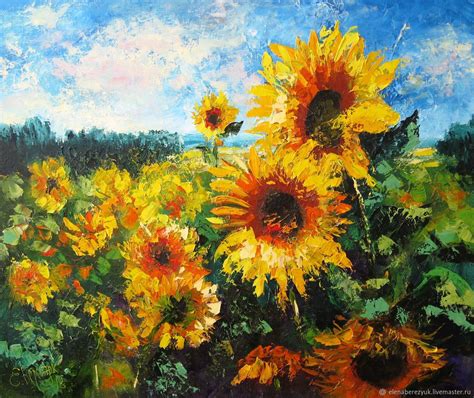 Oil Painting On Stretched Canvas Sunflower Landscape With Flowers