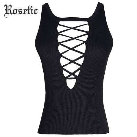 Rosetic Gothic Short Tank Tops Hollow Black Women Summer Two Sides Wear
